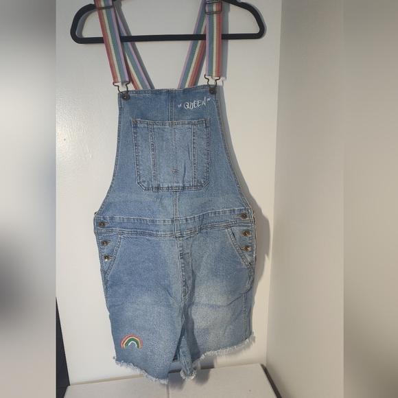 NWT Denim Overalls with Rainbow Straps Womens M #559 - Picture 1 of 2